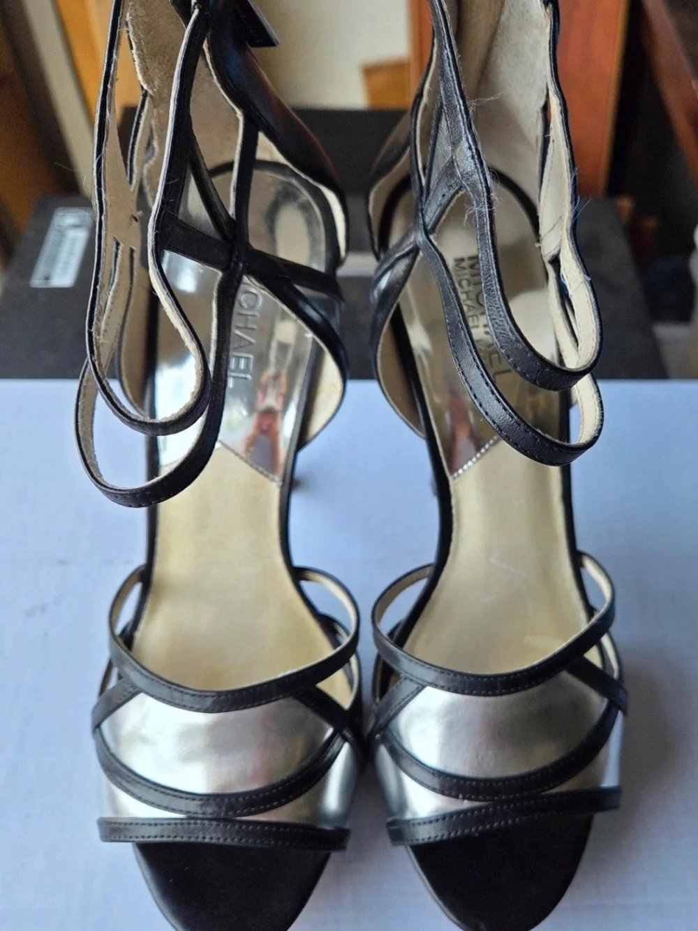 Michael Kors Black Strappy Platform Heeled Sandals with Silver Footbed